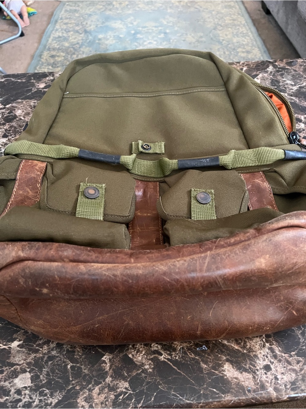 Timberland vintage earthkee Olive Green Canvas Backpack with Brown Leather Base